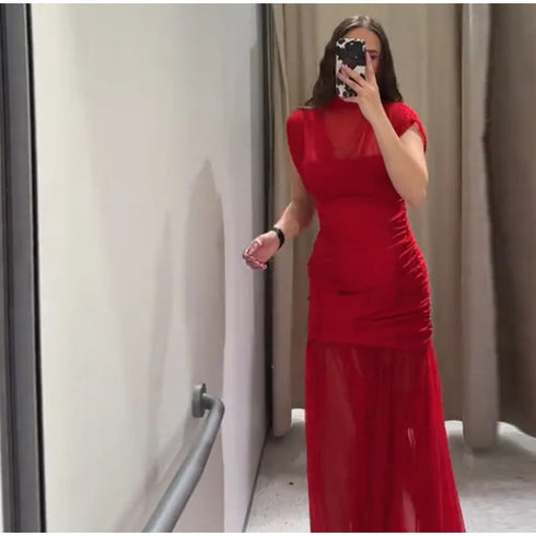 Elegant Mesh Patchwork Pleated Long Skirt Dress for Women Slim Evening Party Maxi Dress